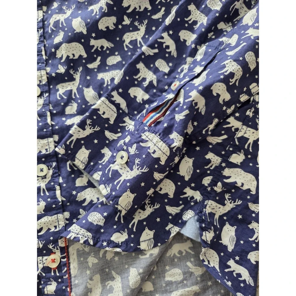 Boden Boys Woodland Animal Print Button Down Shirt Blue Cotton 13-14Y Youth Long